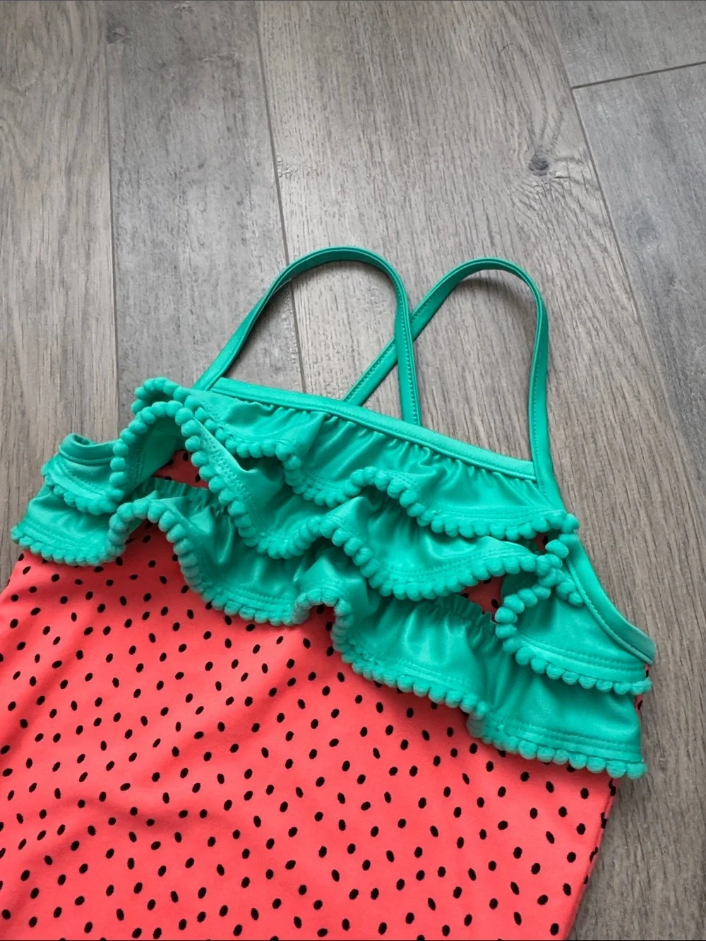 Kids Watermelon-Inspired Coral & Teal Ruffle One-Piece Swimsuit - Picture 3 of 6